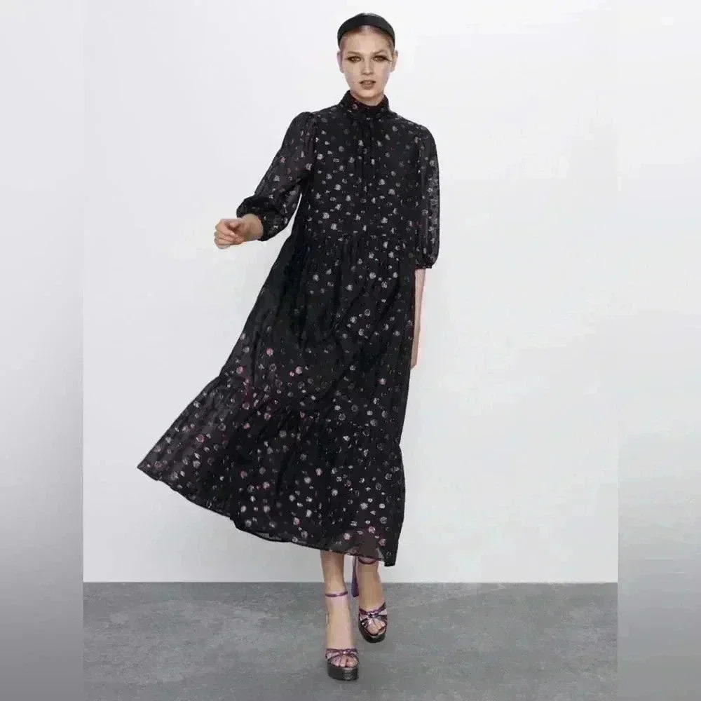 NWT ZARA Pink Polka Dot Voluminous Black Midi Dress Women’s M - Picture 2 of 13